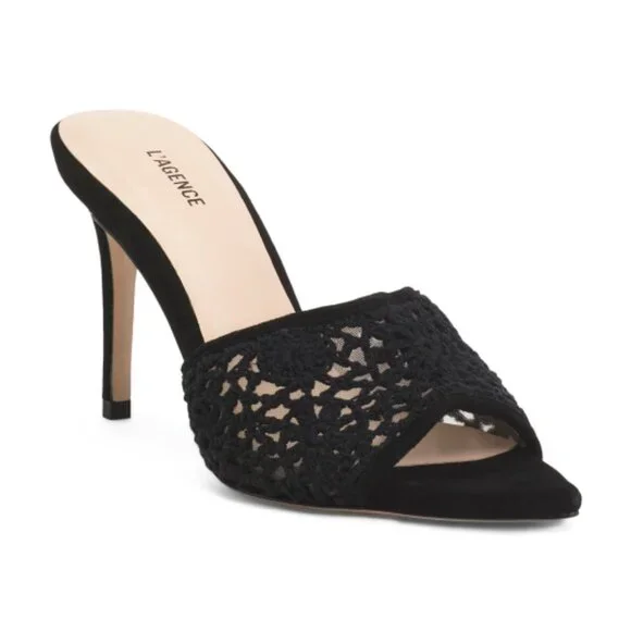 NEW L'AGENCE Armande Crochet Heeled Sandals in black for women 72 15i8 - Picture 2 of 9